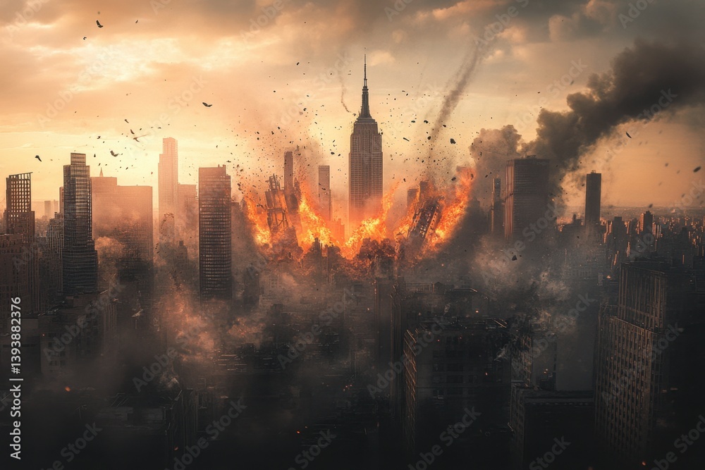 Fototapeta premium A city skyline is shown with a large cloud of smoke in the background
