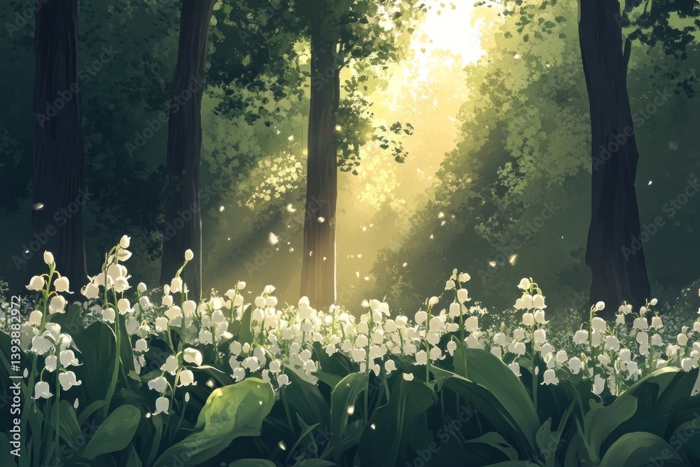 Fototapeta premium Mysterious forest sunlight green flowers.