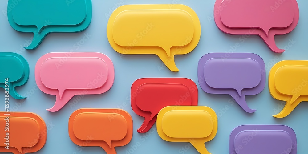 Vibrant collection of multicolored speech bubble icons on flat surface, representing chat, messaging, communication tools, and conversation concepts in digital design
Vibrant collection of multicolored speech bubble icons on flat surface, representing chat, messaging, communication tools, and conversation concepts in digital design