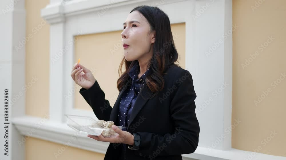 Asian woman in business suit enjoying lunch outdoors, eating street food from plastic box with skewer, showing casual working lifestyle and quick meal routine Asian woman in business suit enjoying lunch outdoors, eating street food from plastic box with skewer, showing casual working lifestyle and quick meal routine