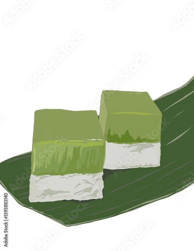 Hand drawn illustration of traditional Malaysian dessert named as Kuih sri muka. Sticky rice and sweet green topping.