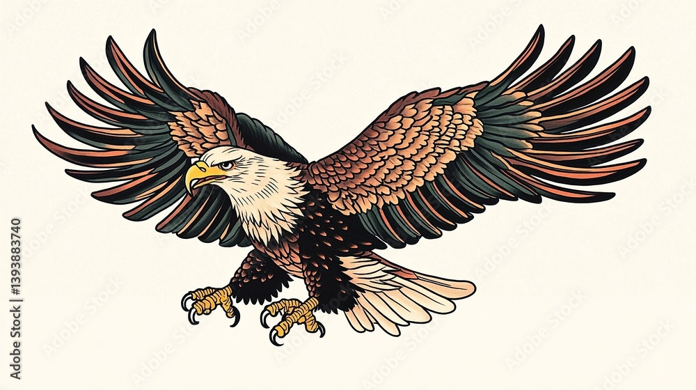 Naklejka premium American Bald Eagle in Flight Detailed Vintage Tattoo Style Illustration Powerful Majestic Bird Wildlife Nature Graphic Design Element Art Gold Icon 