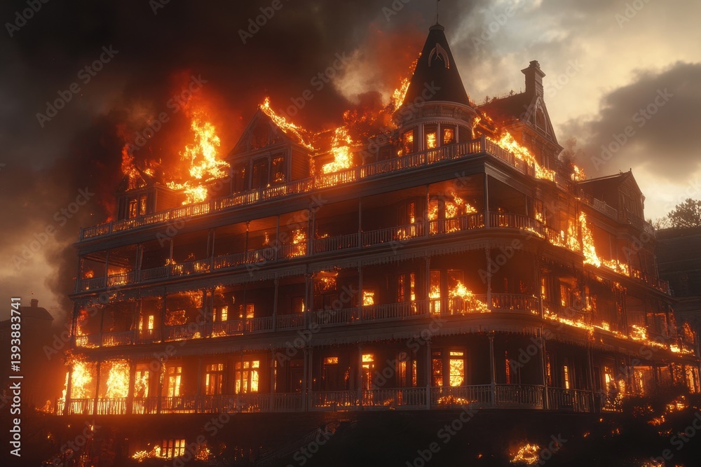 Fototapeta premium A large building is on fire with flames shooting out of the top