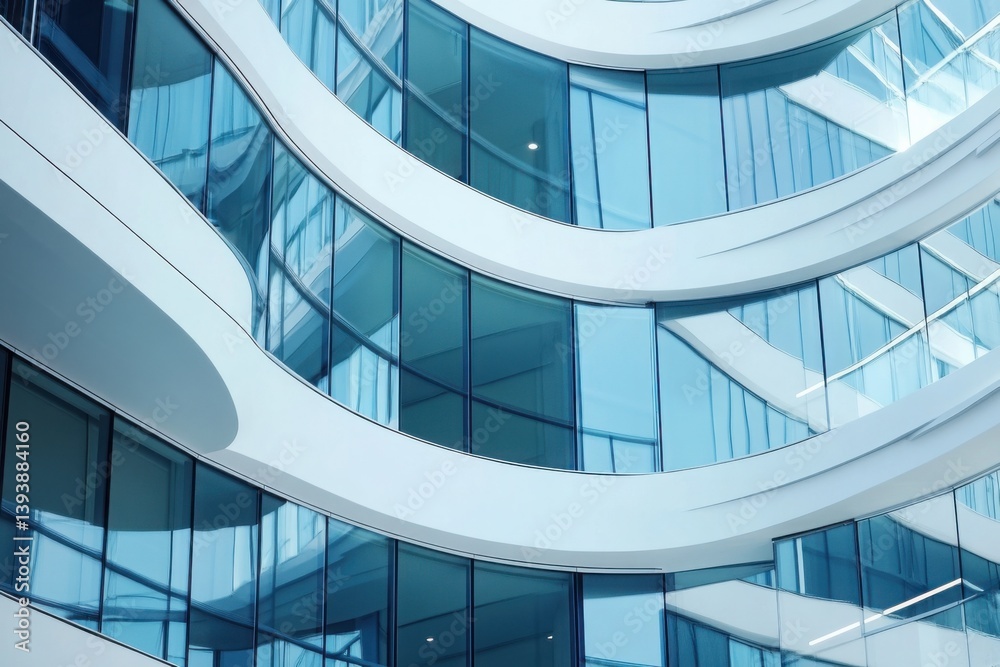 Fototapeta premium Abstract Modern Architecture: Curved White Facade and Reflective Blue Glass Windows