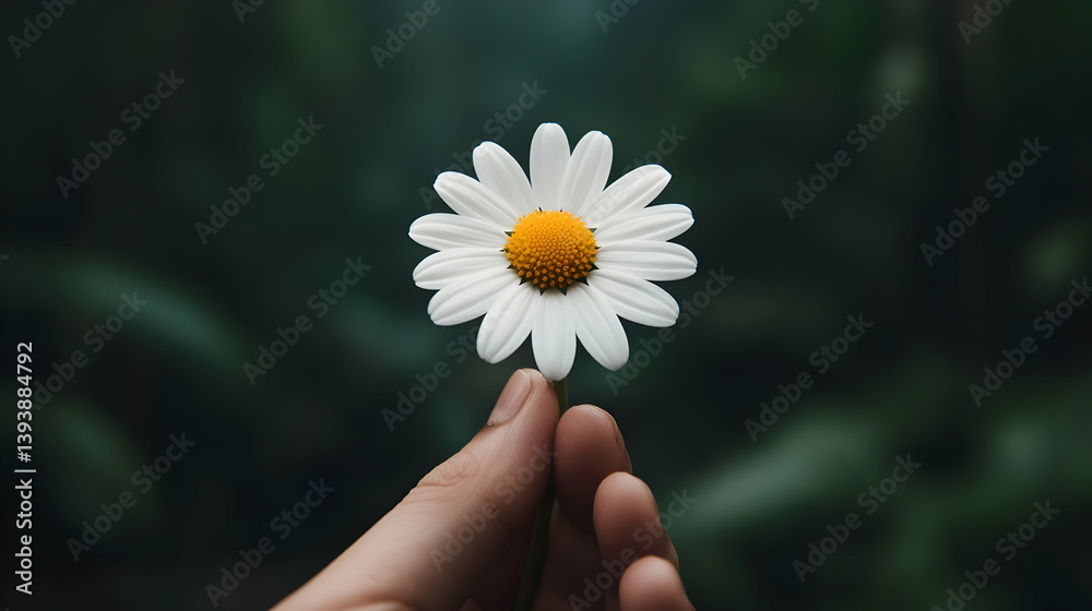 Close Up of Hand Holding a Delicate White Daisy Against a Dark Green Background