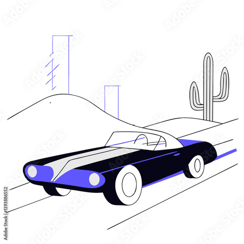 A classic convertible cruises down a desert highway, past cacti and distant buildings, a minimalist road trip dream in bold lines and subtle color accents.