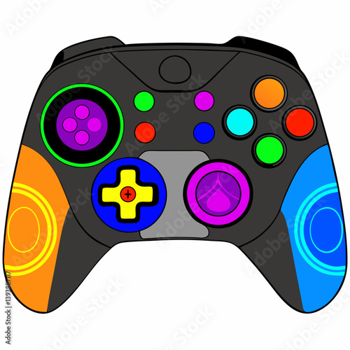 A vibrant, customized game controller explodes with rainbow hues and playful circular designs, ready for epic gaming adventures.