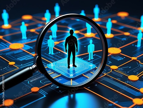 Conceptual image of personal data tracking with magnifying glass on digital human symbol, illustrating big data, digital identity, and information access


