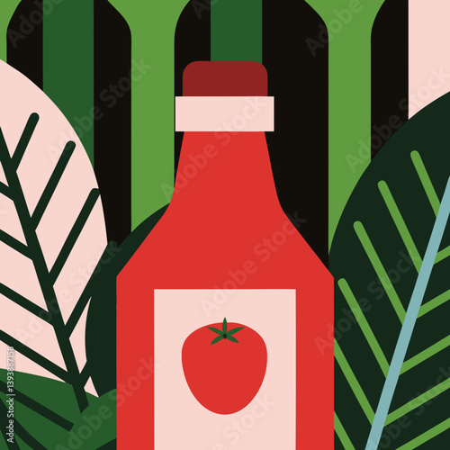 A vibrant ketchup bottle nestled amongst lush tropical leaves, a bold and playful celebration of summer flavors with a flat graphic design style.
