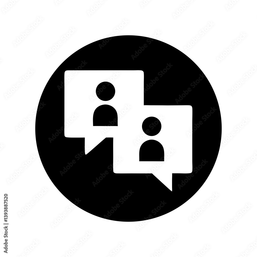 Two figures engaged in a dynamic conversation, symbolized by interconnected speech bubbles, presented in bold black and white within a circular frame. Two figures engaged in a dynamic conversation, symbolized by interconnected speech bubbles, presented in bold black and white within a circular frame.