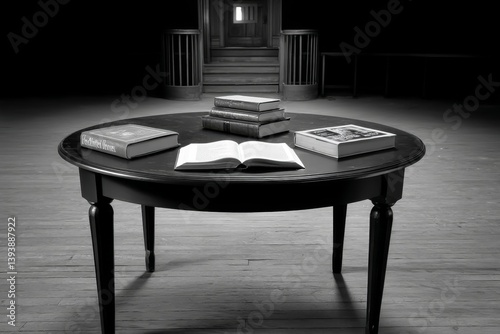A dark classroom in a haunted school with eerie textbooks and ghostly chalk writing by itself