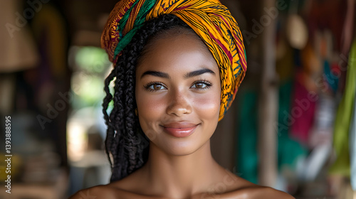 Close Up Portrait of a Smiling Mozambican Woman Wearing a Colorful Headwrap