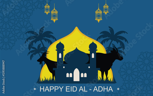 Happy Eid alAdha Celebration with Mosque Goat and Cow Silhouettes