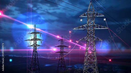 Night view of power grid towers, futuristic energy infrastructure, digital network glowing lines, electricity transmission pylons, smart grid technology, cityscape background.
