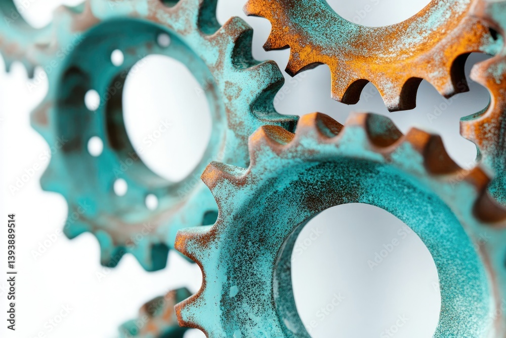 Interlocking teal and rust gears, close-up showing intricate details and texture. Interlocking teal and rust gears, close-up showing intricate details and texture.