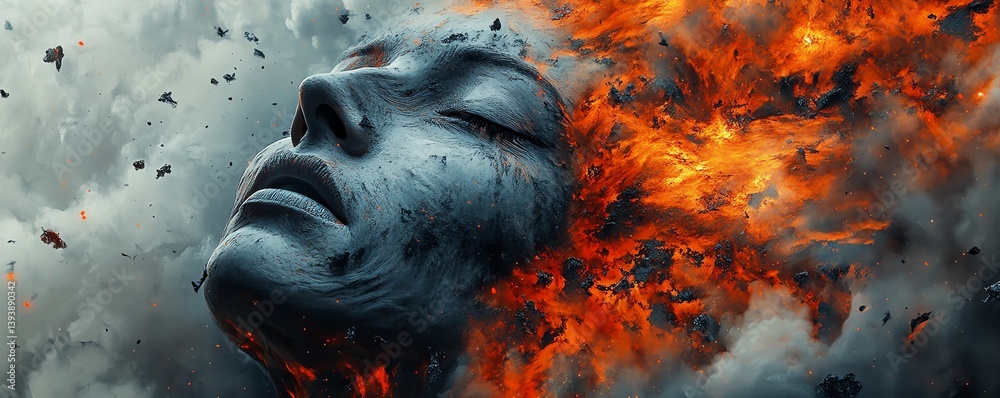 Art of bipolar disorder, fragmented human face, visualizing endless emotional suffering and internal conflict between soul and body, generative AI, surreal and dramatic composition