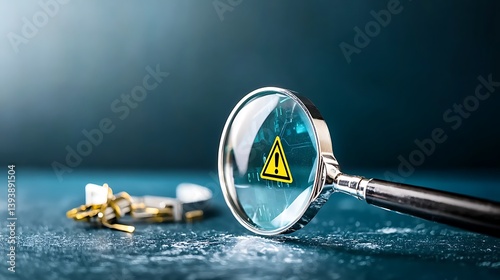 A magnifying glass focuses on a caution symbol over circuit board components