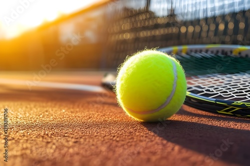 A tennis ball hovers just above the racket string, ready to be hit with full force, against a bright and dynamic court background