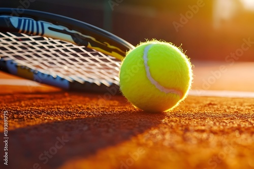 A tennis ball hovers just above the racket string, ready to be hit with full force, against a bright and dynamic court background