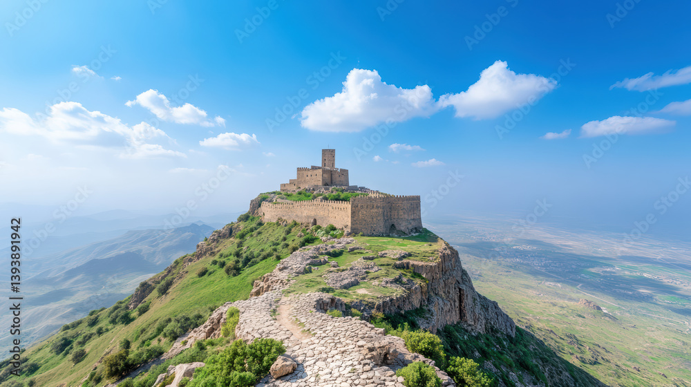 Obraz premium stunning view of ancient stone citadel perched mountain, surrounded by lush greenery and blue