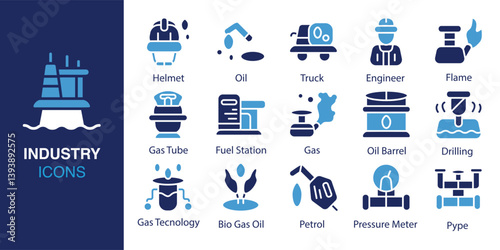 Industry icon set. Containing helmet, oil, truck, engineer, flame, gas tube, fuel station, gas, oil barrel, drilling, gas technology, and more. Solid vector icons collection. Vector illustration.