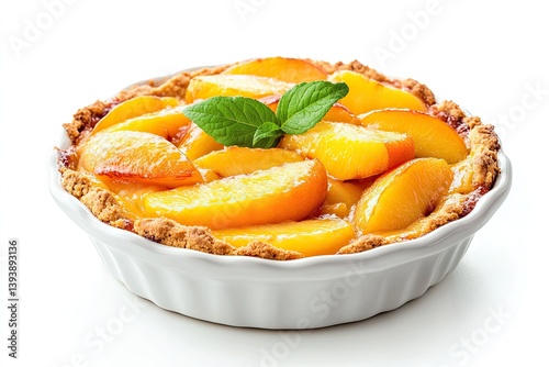 A realistic photo of Peach Cobbler, hyper-realistic, isolated on white