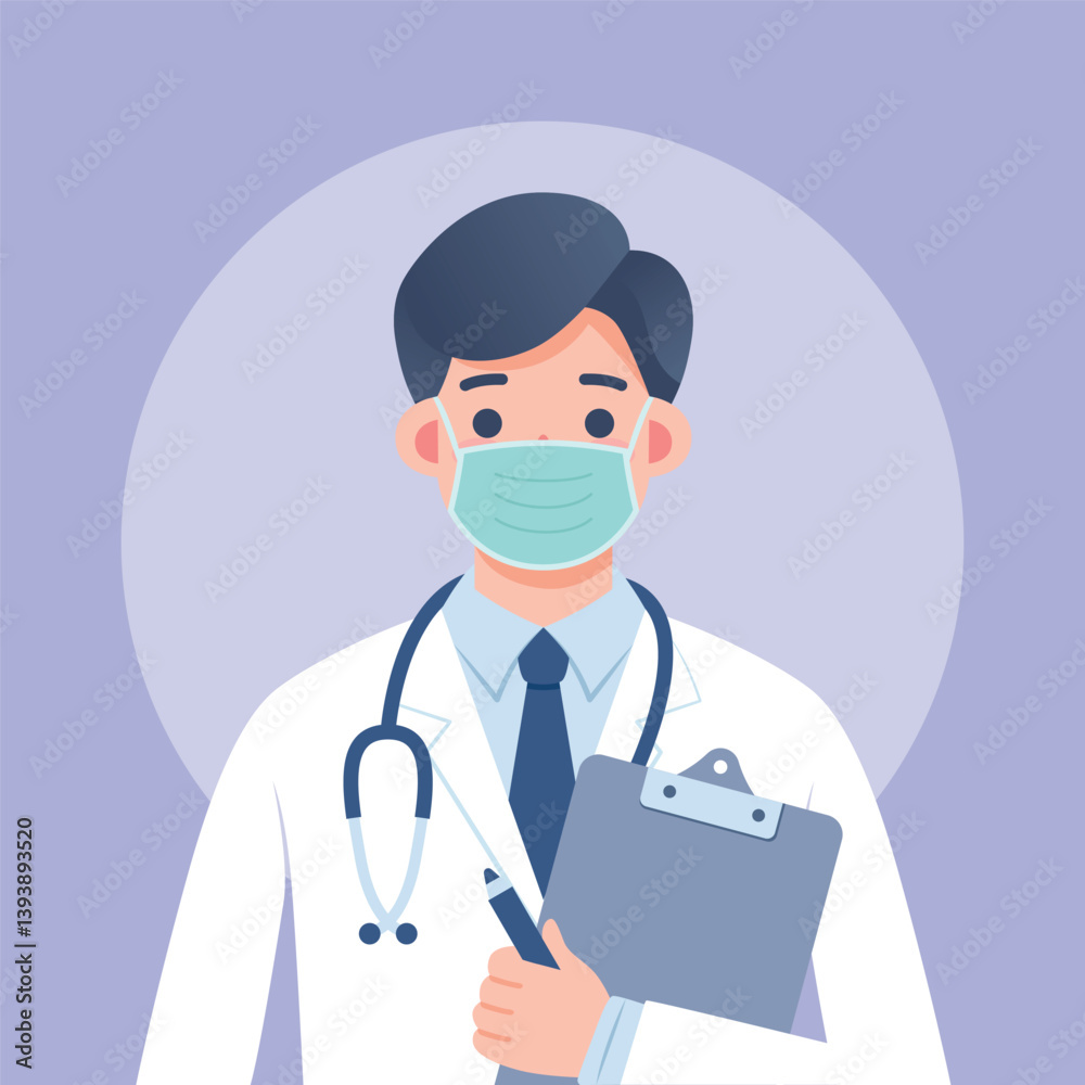 Fototapeta premium Young Doctor Wearing Mask, Medical Worker Flat Vector Illustration