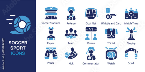 Soccer Sport icon set. Containing Soccer Stadium, Referee, Goal Net, Whistle and Card, Match Time, Player. Solid vector icons collection. Vector illustration.