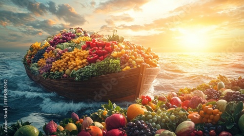 Fruit-laden boat sailing on ocean at sunset photo