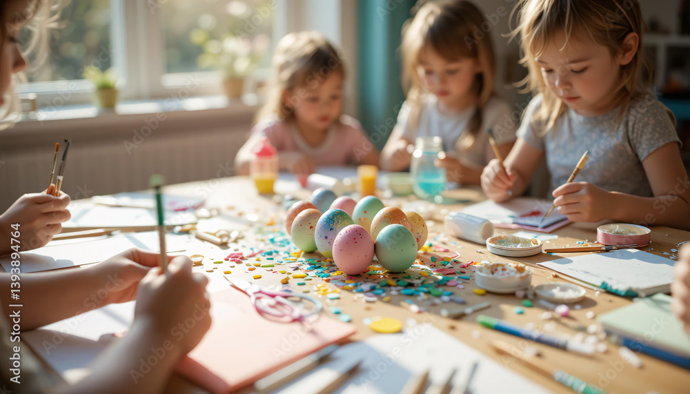 Fototapeta premium DIY Easter Craft Table with Kids’ Hands