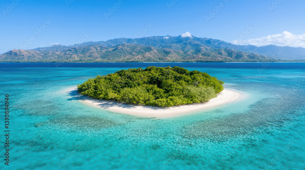 Fototapeta premium Aerial view of remote island surrounded by clear turquoise waters and lush greenery