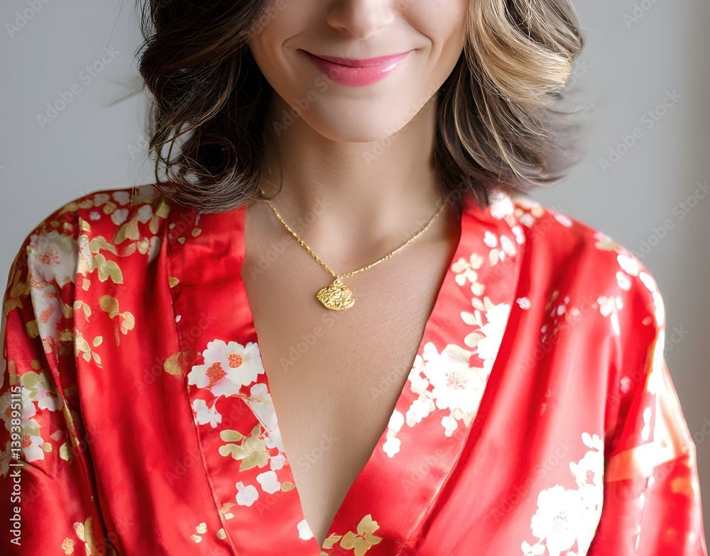 Elegant Woman in Red Robe with Floral Patterns and Gold Necklace Elegant Woman in Red Robe with Floral Patterns and Gold Necklace