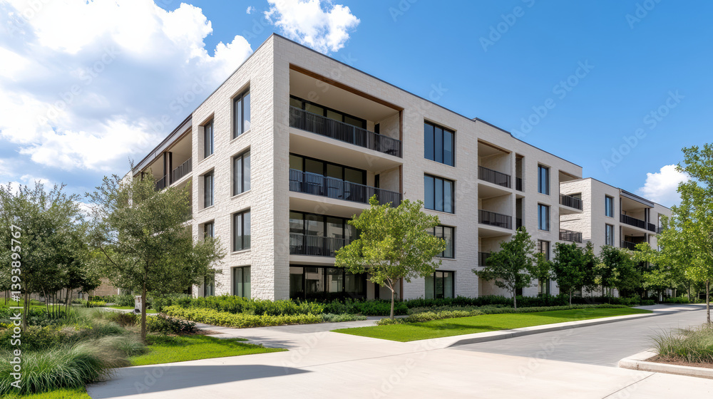 Modern apartment complex with large windows and green landscaping, showcasing bright day Modern apartment complex with large windows and green landscaping, showcasing bright day