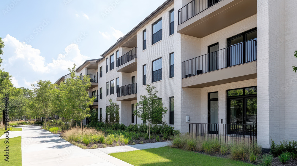 Modern apartment complex with balconies and landscaped pathway, showcasing vibrant atmosphere Modern apartment complex with balconies and landscaped pathway, showcasing vibrant atmosphere