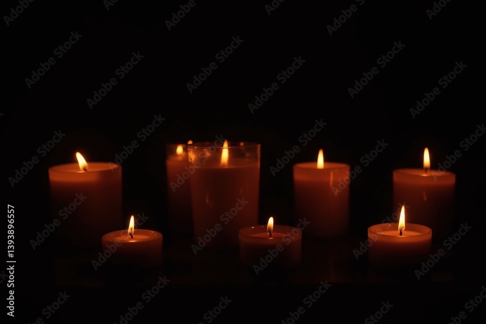 group of lit candles in a row on a black background group of lit candles in a row on a black background