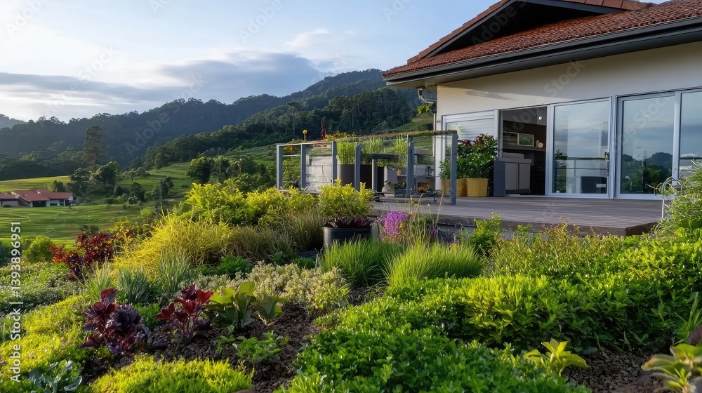 Beautiful house exterior showcasing lush garden with a stunning mountain backdrop Beautiful house exterior showcasing lush garden with a stunning mountain backdrop
