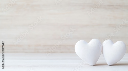 Two simple white hearts on a light wood background