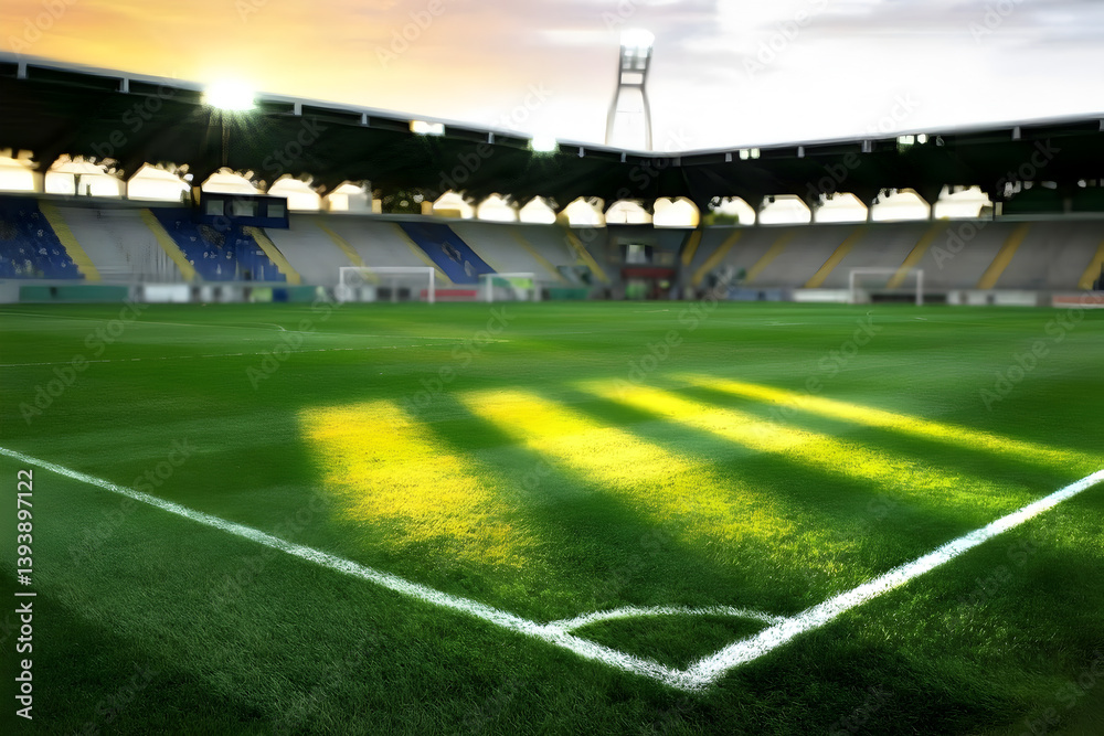 Fototapeta premium Football stadium field corner with sunlight and empty seats in the background