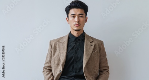 chinese 20s man on white plain bright background modern chic fashion pose  model portrait  portrait banner with copy space ad concept marketing