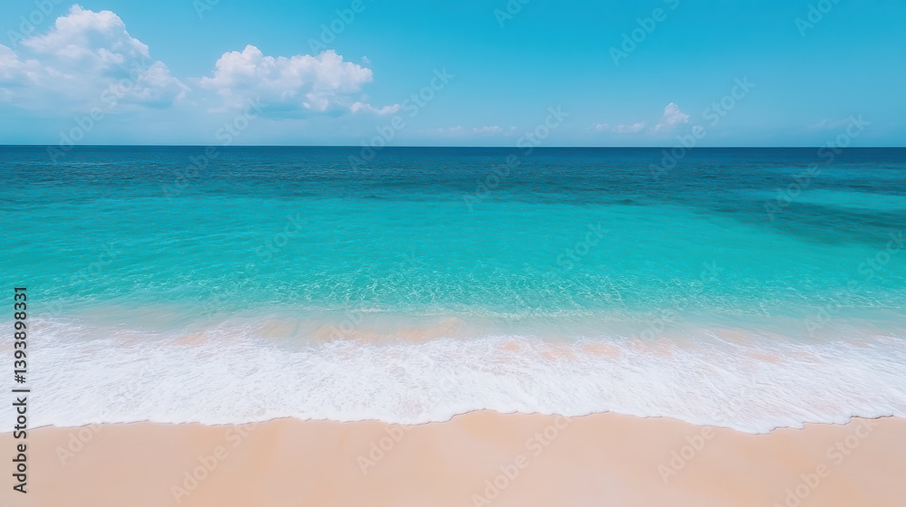 Calm turquoise beach with gentle waves and clear blue sky creates serene atmosphere Calm turquoise beach with gentle waves and clear blue sky creates serene atmosphere