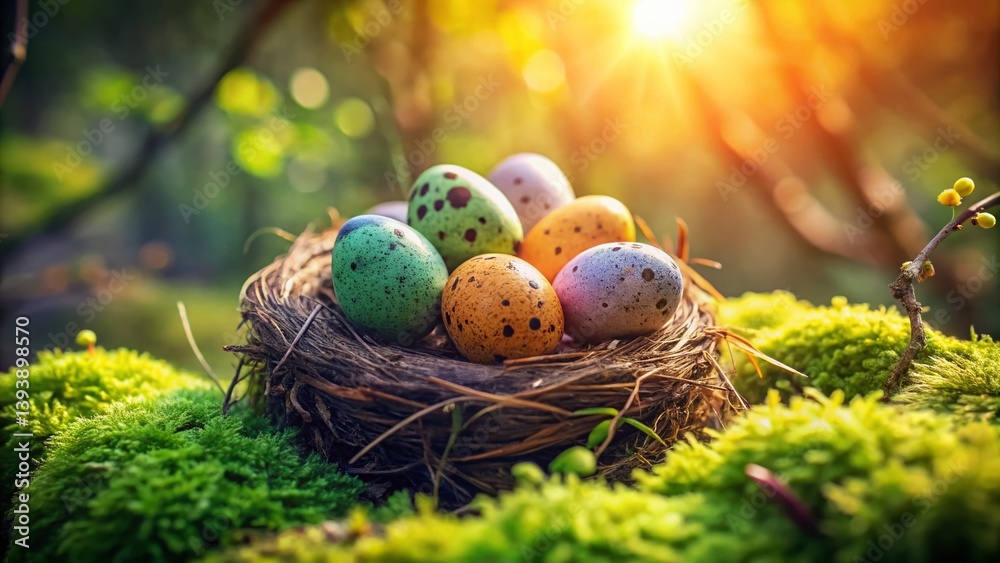 Obraz premium Delicate Easter Eggs Hidden in a Mossy Birds Nest A Springtime Celebration of Natures Craftsmanship
