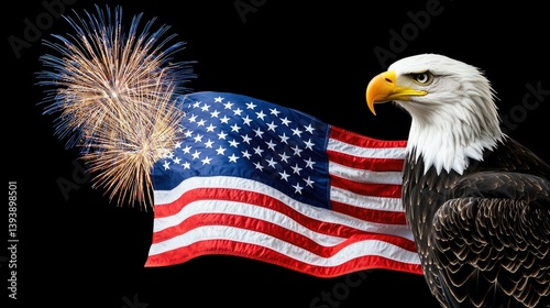Majestic Bald Eagle with American Flag and Colorful Fireworks in a Dramatic Night Sky