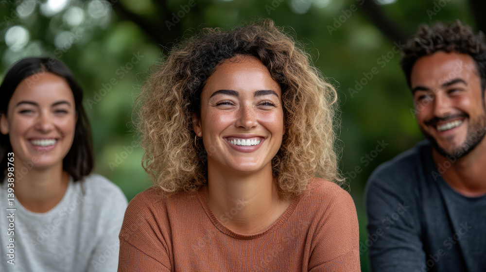 Happy friends enjoying moment outdoors, smiling and connecting with each other Happy friends enjoying moment outdoors, smiling and connecting with each other