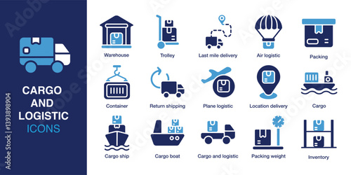 Cargo and Logistic icon set. Containing Warehouse, Trolley, Last mile delivery, Air logistic, Packing, Container. Solid vector icons collection. Vector illustration.