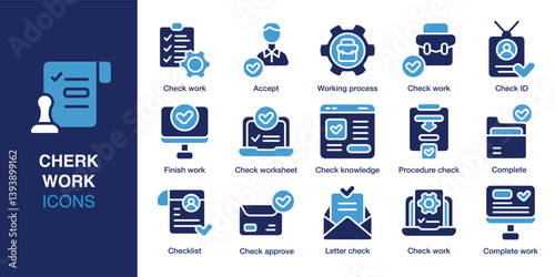 Check Work icon set. Containing check work, accept, working process, check ID, finish work, and more. Solid vector icons collection. Vector illustration.