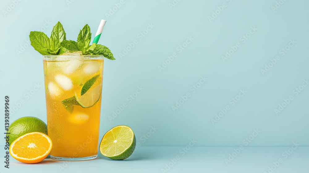 Fototapeta premium Refreshing iced tea blend with citrus fruits and mint leaves