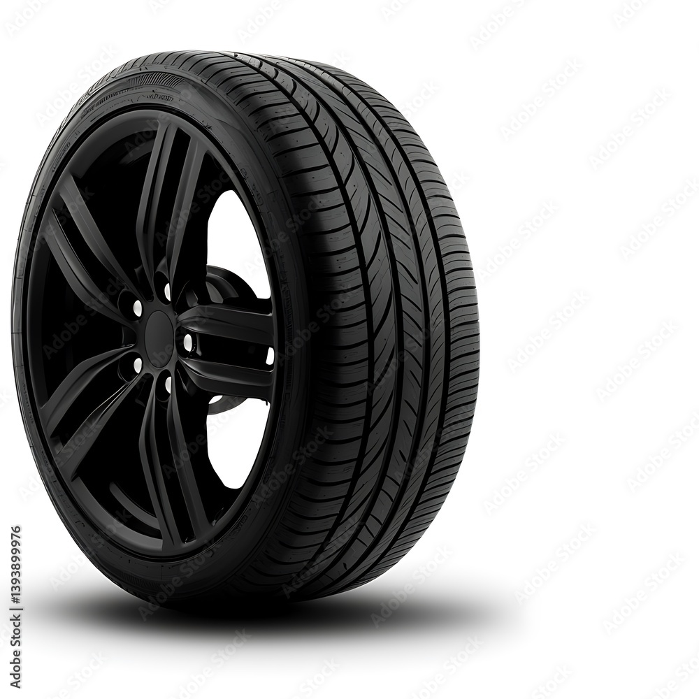 Obraz premium Black tire on a rim, radial design, on a white backdrop with soft shadows and texture
