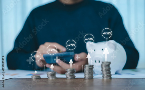 Fund investment concept, interest rate and dividend, coins instead return, Return on index fund and mutual funds, long term investment, dividend retirement fund. photo