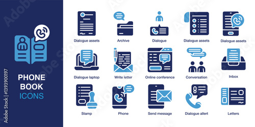 Phone Book icon set. Containing dialogue assets, archive, dialogue, dialogue laptop, write letter, and more. Solid vector icons collection. Vector illustration.