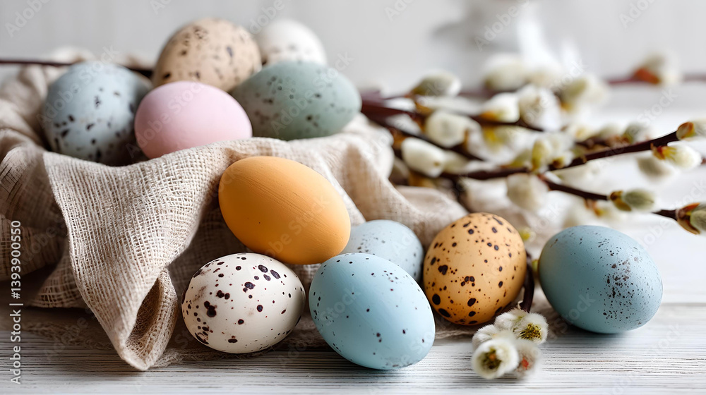 Obraz premium Pastel speckled Easter eggs and spring decor 